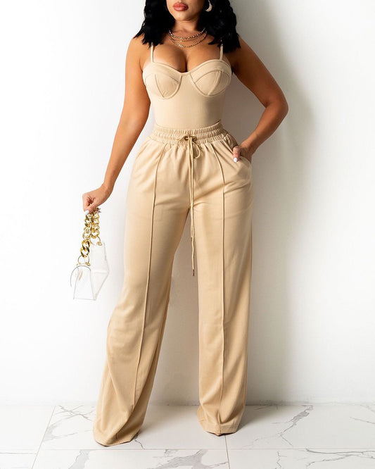 Zipper Back Cami Top & Wide Legs Contrast Pipping Pants Set