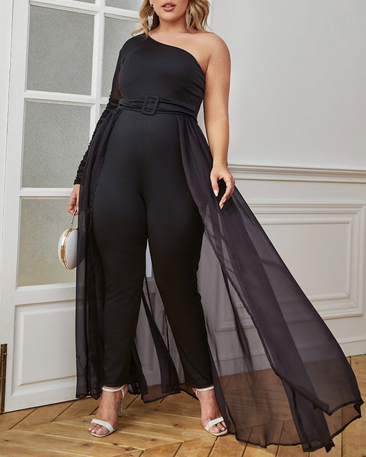 La   ADRIANNE  Plus Size One Shoulder Sheer Mesh Jumpsuit